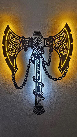 Mitolojik Balta (Viking Tarzı) Ahşap LED Işıklı Tablo – El Yapımı Lazer Kesim Dekoratif Hediye Lamba