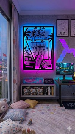 GTA LED Ahşap Duvar Dekoru Gaming Oda Dekoru - El Yapımı Lazer Kesim Dekoratif Hediye Lamba