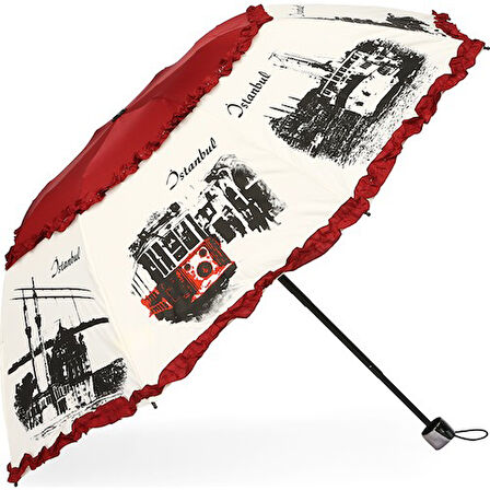 Eleven Bordo İstanbul Konseptli Katlanır Şemsiye