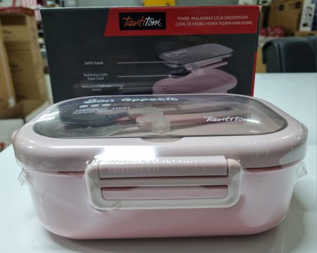 Tantitoni Pembe Paslanmaz Çelik Dikdörtgen Çatal Ve Kaşıklı Yemek Taşıma Kabı 850ml 