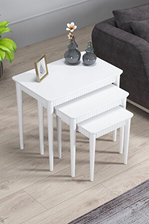 Elegance Mdf Ve Lake Boya, Beyaz 3lü Zigon Sehpa Takımı, Beyaz Gürgen Ayaklar