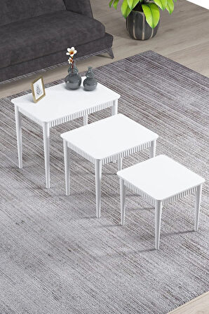 Elegance Mdf Ve Lake Boya, Beyaz 3lü Zigon Sehpa Takımı, Beyaz Gürgen Ayaklar