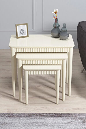 Elegance Mdf Ve Lake Boya, Krem 3lü Zigon Sehpa Takımı, Krem Gürgen Ayaklar