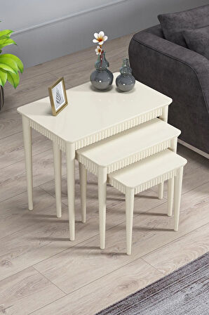Elegance Mdf Ve Lake Boya, Krem 3lü Zigon Sehpa Takımı, Krem Gürgen Ayaklar