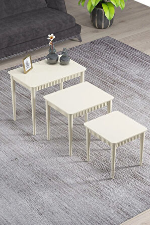 Elegance Mdf Ve Lake Boya, Krem 3lü Zigon Sehpa Takımı, Krem Gürgen Ayaklar