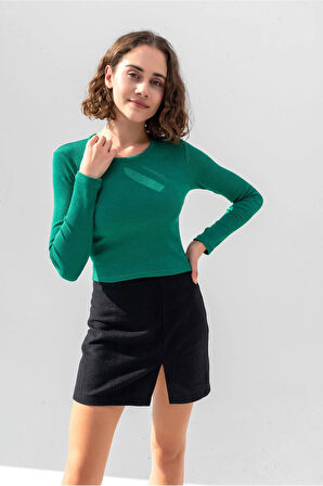 Kadın Yeşil Uzun Kollu Fitilli Bluz Crop T-Shirt