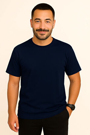 Erkek Lacivert %100 Pamuk Regular Kesim Sıfır Yaka Basic Tişört - Premium