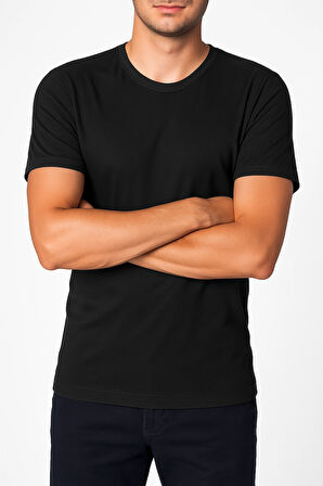 Erkek Siyah %100 Pamuk Regular Kesim Sıfır Yaka Basic Tişört - Company