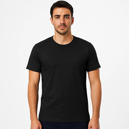 Erkek Siyah %100 Pamuk Regular Kesim Sıfır Yaka Basic Tişört - Company