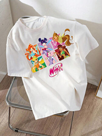 Unisex Pamuklu Beyaz Oversize "Çizgi Filim" Baskılı Bisiklet Yaka Rahat Günlük T-shirt