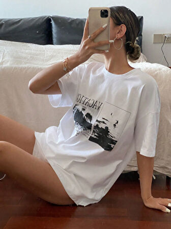 Unisex Pamuklu Beyaz Oversize "Vacation" Baskılı Bisiklet Yaka Rahat Günlük T-shirt