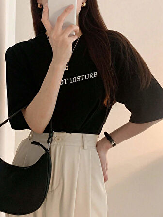 Unisex Pamuklu Siyah Oversize "Do Not Disturb" Baskılı Bisiklet Yaka Rahat Günlük T-shirt