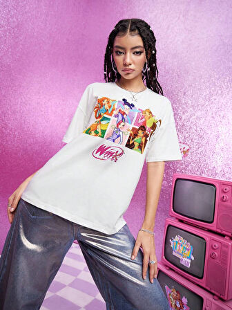 Unisex Pamuklu Beyaz Oversize "Çizgi Filim" Baskılı Bisiklet Yaka Rahat Günlük T-shirt