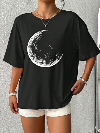 Unisex Pamuklu Siyah Oversize "AY" Baskılı Bisiklet Yaka Rahat Günlük T-shirt