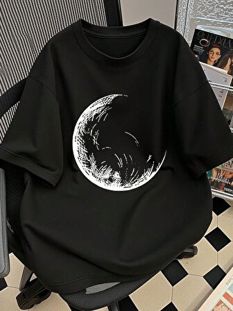 Unisex Pamuklu Siyah Oversize "AY" Baskılı Bisiklet Yaka Rahat Günlük T-shirt