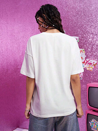 Unisex Pamuklu Beyaz Oversize "Çizgi Filim" Baskılı Bisiklet Yaka Rahat Günlük T-shirt