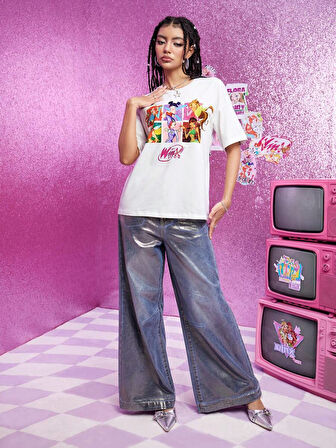 Unisex Pamuklu Beyaz Oversize "Çizgi Filim" Baskılı Bisiklet Yaka Rahat Günlük T-shirt