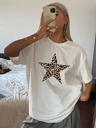 Unisex Pamuklu Beyaz Oversize "Yıldız" Baskılı Bisiklet Yaka Rahat Günlük T-shirt