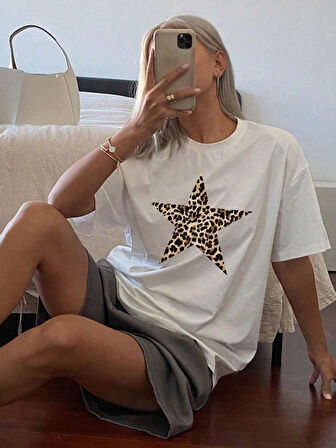 Unisex Pamuklu Beyaz Oversize "Yıldız" Baskılı Bisiklet Yaka Rahat Günlük T-shirt