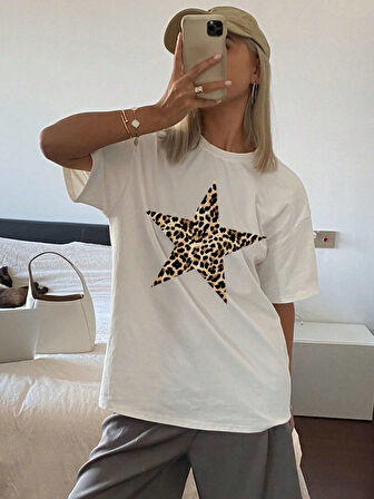 Unisex Pamuklu Beyaz Oversize "Yıldız" Baskılı Bisiklet Yaka Rahat Günlük T-shirt