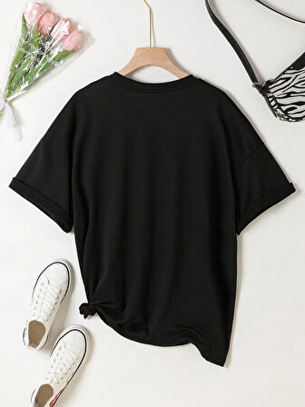 Unisex Pamuklu Siyah Oversize "Havalı Su Köstebeği" Baskılı Rahat Günlük T-shirt