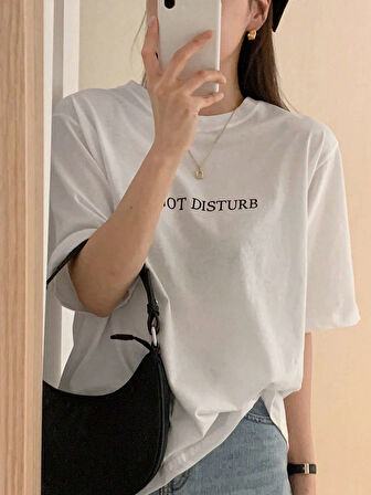 Unisex Pamuklu Beyaz Oversize "Do Not Disturb" Baskılı Bisiklet Yaka Rahat Günlük T-shirt