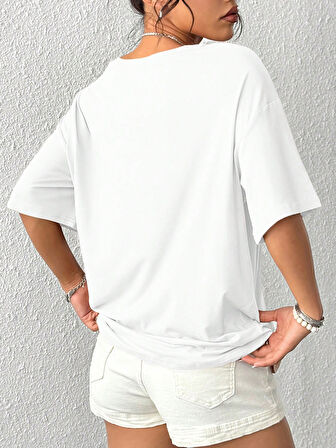 Unisex Pamuklu Beyaz Oversize "Yüz" Baskılı Bisiklet Yaka Rahat Günlük T-shirt