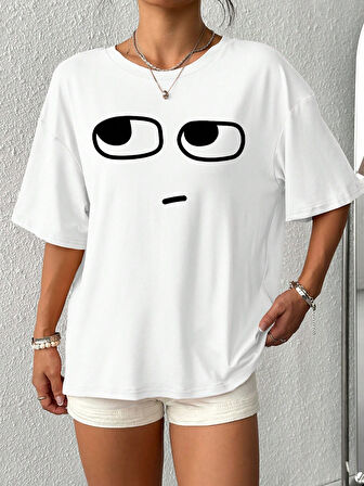 Unisex Pamuklu Beyaz Oversize "Yüz" Baskılı Bisiklet Yaka Rahat Günlük T-shirt