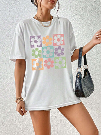 Unisex Pamuklu Beyaz Oversize "Çiçek" Baskılı Bisiklet Yaka Rahat Günlük T-shirt