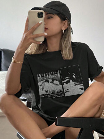 Unisex Siyah Oversize Tişört "Vacation" Baskılı Bisiklet Yaka Rahat Günlük T-shirt