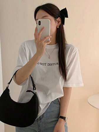 Unisex Pamuklu Beyaz Oversize "Do Not Disturb" Baskılı Bisiklet Yaka Rahat Günlük T-shirt