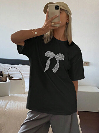 Unisex Pamuklu Siyah Oversize "Hediya" Baskılı Bisiklet Yaka Rahat Günlük T-shirt