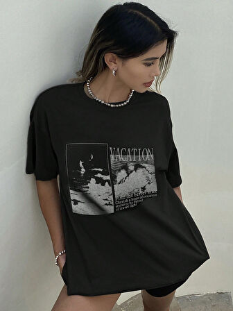 Unisex Siyah Oversize Tişört "Vacation" Baskılı Bisiklet Yaka Rahat Günlük T-shirt