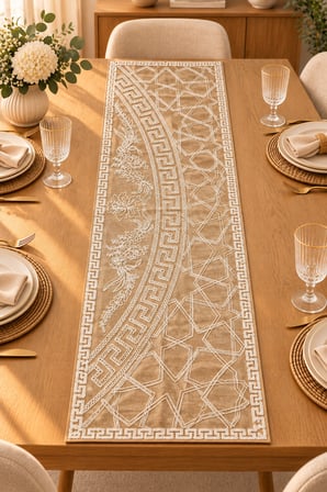 Nakışlı Geometrik Desenli Dekoratif Runner Masa Örtüsü – 45x120 cm
