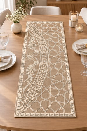 Nakışlı Geometrik Desenli Dekoratif Runner Masa Örtüsü – 45x120 cm