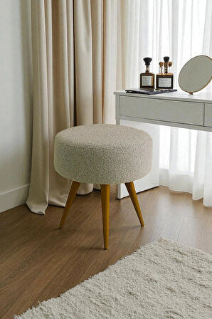 ELVIORA Teddy Peluş Kumaşlı Yuvarlak Puf Bench – Retro Ahşap Ayaklı, Dekoratif ve Konforlu Tabure