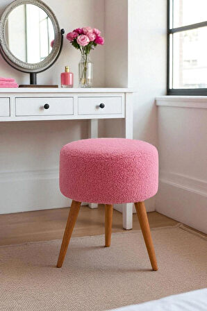 ELVIORA Teddy Peluş Kumaşlı Yuvarlak Puf Bench – Retro Ahşap Ayaklı, Dekoratif ve Konforlu Tabure
