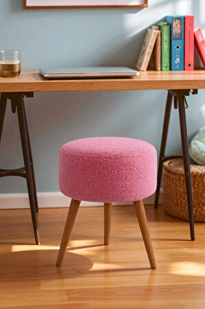 ELVIORA Teddy Peluş Kumaşlı Yuvarlak Puf Bench – Retro Ahşap Ayaklı, Dekoratif ve Konforlu Tabure