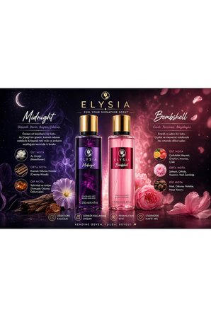 ELYSIA Midnight & Bombshell Kadın Vücut Spreyi Seti 2x250 ml – Kalıcı & Çekici Kokular