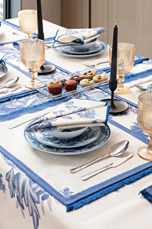 Elysian Blue Salon Yemek Masası Takımı Duck Keten, Masa Örtüsü,Runner,6 Amerikan Servis,6KumaşPeçete