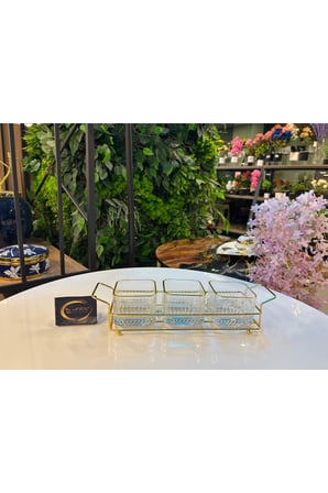 ARS Paşabahçe Elysia Yaldızlı Kare Kase Metal Gold Standlı 3'lü Çerezlik,Şekerlik,Sunumluk,Tabak