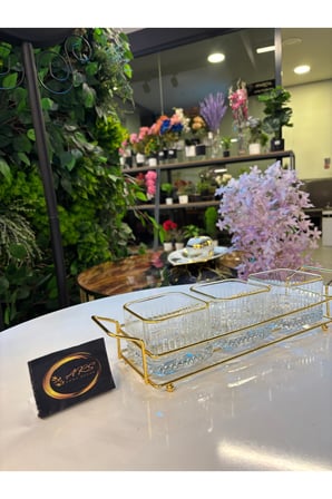 ARS Paşabahçe Elysia Yaldızlı Kare Kase Metal Gold Standlı 3'lü Çerezlik,Şekerlik,Sunumluk,Tabak