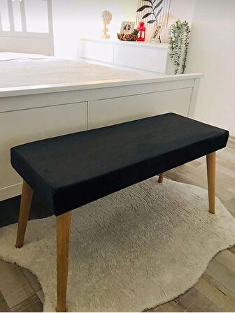 Gürgen Retro Ahşap Ayaklı Handmade Siyah Pofidik Puf Bench Koltuk Sandalye