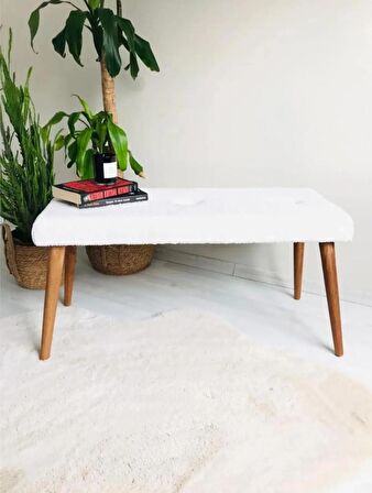 Ahşap Ayaklı Handmade Geniş Oturum Alanlı beyaz welsoft Kumaş Pofidik Puf bench ,ayak ucu uzatmalık