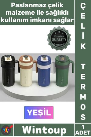 #Termos Lüks Isı Sıcak Soğuk Sızdırmaz Akıllı Matara Dijital Göstergeli Kulplu Yeşil Çelik Termos