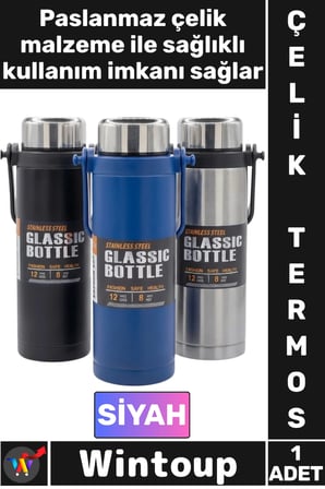 #Termos Yalıtımlı Sızdırmaz Sağlam Kamp Outdoor Soğuk Sıcak Taşıma Kulplu Çelik Termos 800 ML Siyah