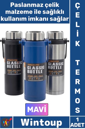 #Termos Yalıtımlı Sızdırmaz Sağlam Kamp Outdoor Soğuk Sıcak Taşıma Kulplu Çelik Termos 800 ML Mavi