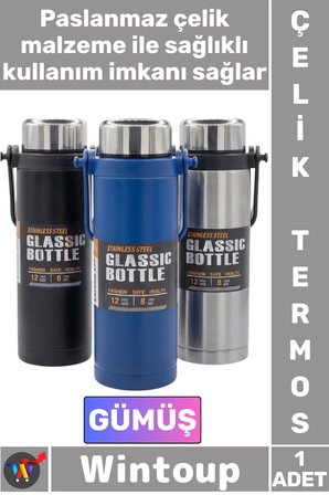 #Termos Yalıtımlı Sızdırmaz Sağlam Kamp Outdoor Soğuk Sıcak Taşıma Kulplu Çelik Termos 800 ML Gümüş