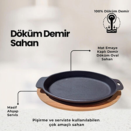 15*24 cm Döküm Demir Oval Fajita, Pişirme ve Servis Tabağı, Emaye Kaplı