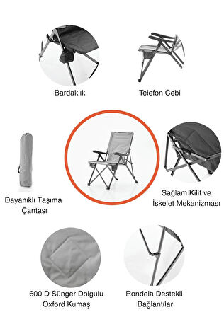 3 Kademe Yatabilen Sırtlı, Katlanabilir, Sünger Takviyeli 150 kg Kapasiteli Lüks Kamp Sandalyesi
